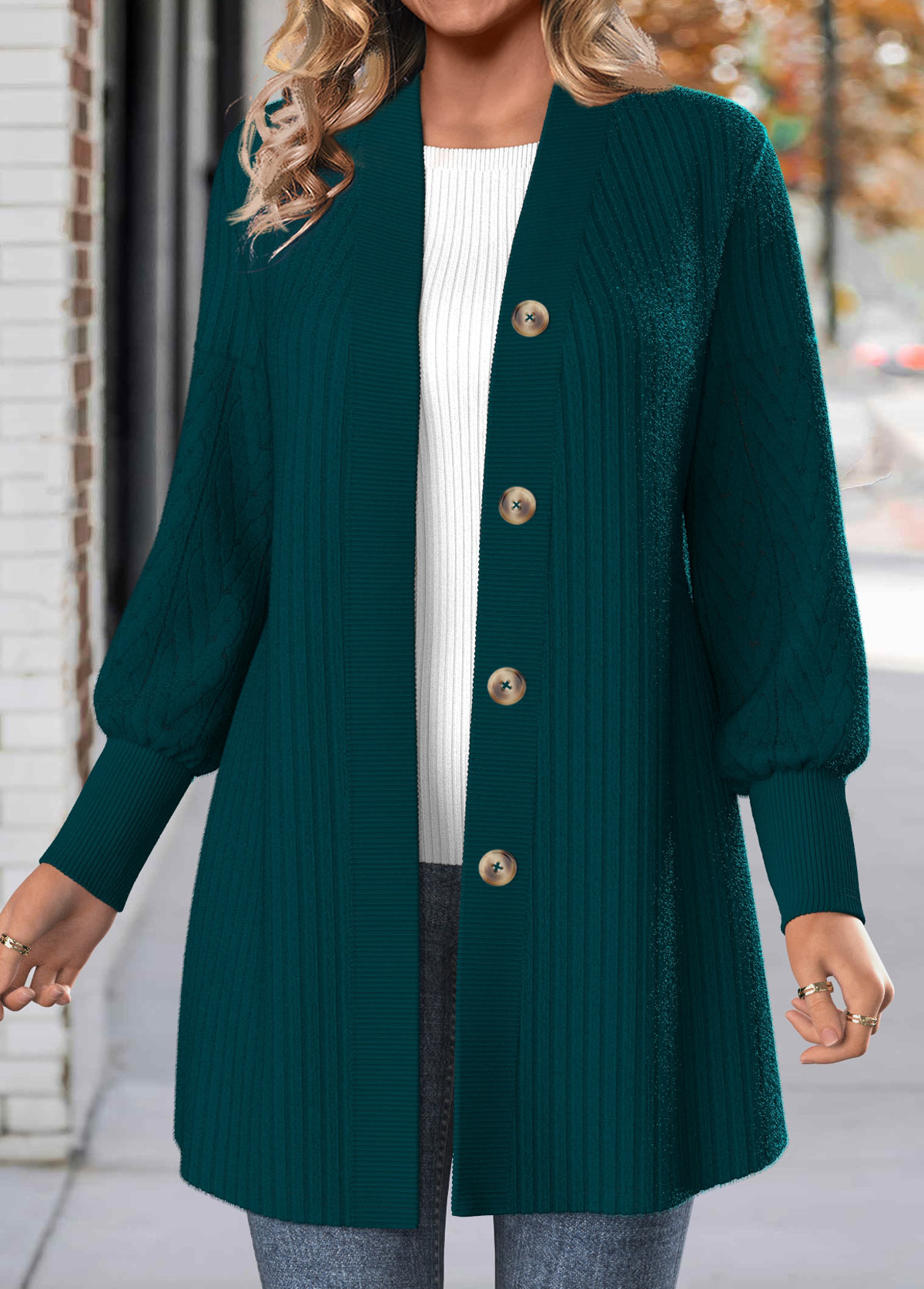 Peacock Blue tops,Plain Color tops,ROTITA Lace Peacock Blue Long Sleeve Button Coat