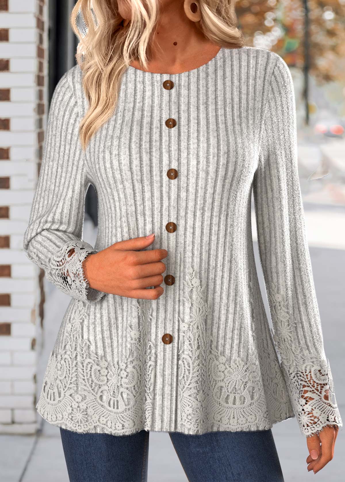 Light Grey Marl tops,Plain Color tops,ROTITA Embroidery Light Grey Marl Round Neck Long Sleeve Blouse