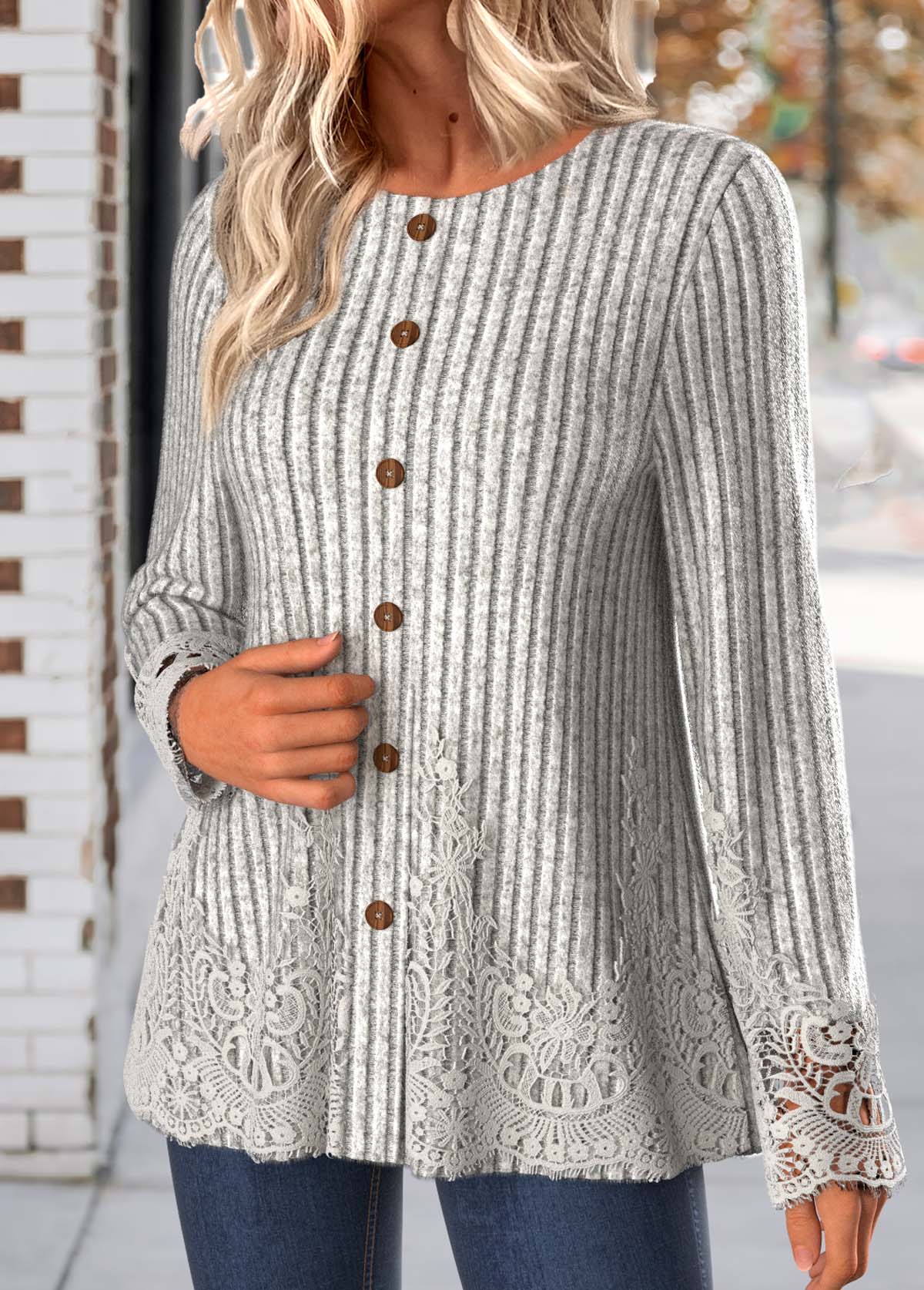 Light Grey Marl tops,Plain Color tops,ROTITA Embroidery Light Grey Marl Round Neck Long Sleeve Blouse