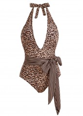 Leopard swimwear,ROTITA Halter Leopard Print Belted One Piece Swimwear