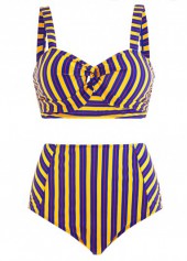 Rainbow Color swimwear,Striped swimwear,ROTITA High Waist Striped Cross Front Cutout Bikini Set