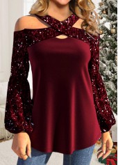 Wine Red plus size,Plain Color plus size,ROTITA Plus Size Sequin Wine Red Cross Collar T Shirt