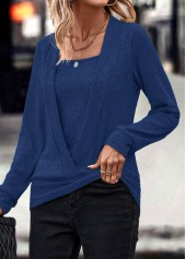 Dark Blue tops,Plain Color tops,ROTITA Fake 2in1 Dark Blue Square Neck Sweatshirt