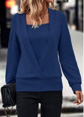 Dark Blue tops,Plain Color tops,ROTITA Fake 2in1 Dark Blue Square Neck Sweatshirt