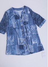 Denim Blue tops,Plants tops,ROTITA Lace Leaf Print Denim Blue Split Neck Blouse