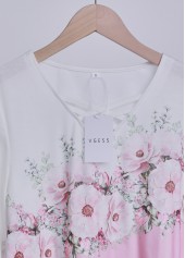 Pink tops,White tops,Floral tops,Plants tops,ROTITA Valentine's Day Criss Cross Floral Print Pink T Shirt