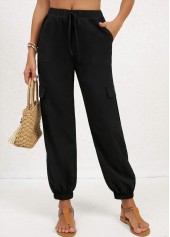 Black bottoms,Plain Color bottoms,Double Side Pockets Black Jogger Elastic Waist Pants