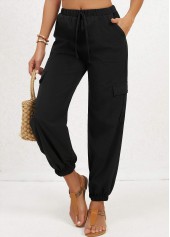 Black bottoms,Plain Color bottoms,Double Side Pockets Black Jogger Elastic Waist Pants