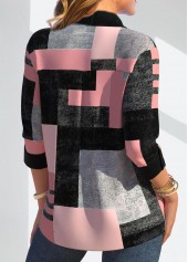 Pink tops,Grey tops,Geometric tops,Striped tops,ROTITA Button Geometric Print Pink Shirt Collar Blouse