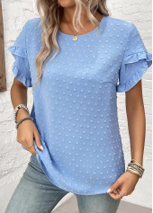 Dusty Blue tops,Plain Color tops,Button Dusty Blue Round Neck Short Sleeve Blouse