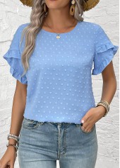 Dusty Blue tops,Plain Color tops,Button Dusty Blue Round Neck Short Sleeve Blouse