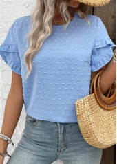 Dusty Blue tops,Plain Color tops,Button Dusty Blue Round Neck Short Sleeve Blouse