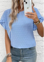 Dusty Blue tops,Plain Color tops,Button Dusty Blue Round Neck Short Sleeve Blouse