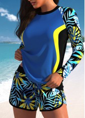 Blue swimwear,Plants swimwear,ROTITA Contrast Binding Dusty Blue Tropical Plants Print Tankini Set