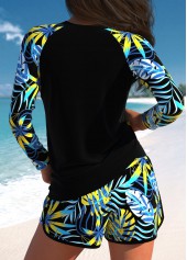 Blue swimwear,Plants swimwear,ROTITA Contrast Binding Dusty Blue Tropical Plants Print Tankini Set