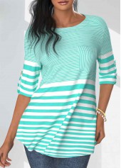 t-shirt col rond vert menthe rayé à poche rotita