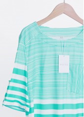 Mint Green tops,Striped tops,Geometric tops,ROTITA Pocket Striped Mint Green Round Neck T Shirt