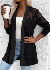 Black tops,Plain Color tops,ROTITA Patchwork Black Long Sleeve Light Cardigan