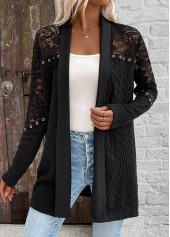 Black tops,Plain Color tops,ROTITA Patchwork Black Long Sleeve Light Cardigan