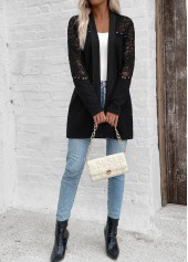 Black tops,Plain Color tops,ROTITA Patchwork Black Long Sleeve Light Cardigan