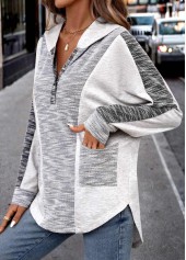 Light Grey plus size,Contrast Color plus size,ROTITA Plus Size Patchwork Light Grey Long Sleeve Hoodie