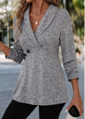 Grey tops,Plain Color tops,ROTITA Patchwork Grey Turn Down Collar Long Sleeve Blouse