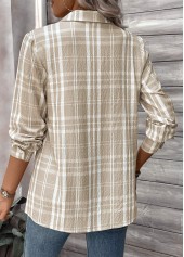 Light Coffee tops,Plaid tops,Striped tops,Geometric tops,ROTITA Button Plaid Light Coffee Shirt Collar Long Sleeve Blouse
