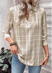 Light Coffee tops,Plaid tops,Striped tops,Geometric tops,ROTITA Button Plaid Light Coffee Shirt Collar Long Sleeve Blouse