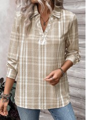 Light Coffee tops,Plaid tops,Striped tops,Geometric tops,ROTITA Button Plaid Light Coffee Shirt Collar Long Sleeve Blouse