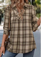 Light Coffee tops,Plaid tops,Striped tops,Geometric tops,ROTITA Button Plaid Light Coffee Turn Down Collar Shirt