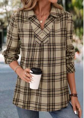 Light Coffee tops,Plaid tops,Striped tops,Geometric tops,ROTITA Button Plaid Light Coffee Turn Down Collar Shirt