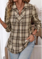 Light Coffee tops,Plaid tops,Striped tops,Geometric tops,ROTITA Button Plaid Light Coffee Turn Down Collar Shirt