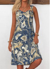 ROTITA Grommet Tribal Print Navy A Line V Neck Dress