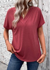 Brick Red tops,Plain Color tops,ROTITA Patchwork Brick Red V Neck Short Sleeve T Shirt