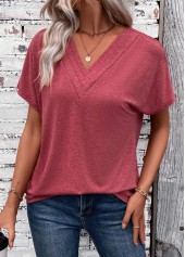 Brick Red tops,Plain Color tops,ROTITA Patchwork Brick Red V Neck Short Sleeve T Shirt
