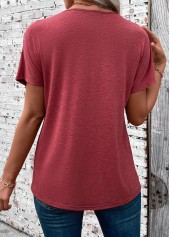 Brick Red tops,Plain Color tops,ROTITA Patchwork Brick Red V Neck Short Sleeve T Shirt