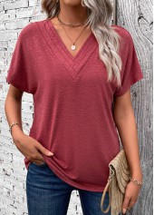 Brick Red tops,Plain Color tops,ROTITA Patchwork Brick Red V Neck Short Sleeve T Shirt