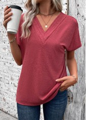 rotita patchwork brique rouge col en v t-shirt à manches courtes