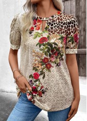 ROTITA Cut Out Floral Print Beige Round Neck T Shirt
