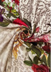 Beige tops,Floral tops,Plants tops,Leopard tops,ROTITA Cut Out Floral Print Beige Round Neck T Shirt