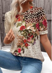 Beige tops,Floral tops,Plants tops,Leopard tops,ROTITA Cut Out Floral Print Beige Round Neck T Shirt