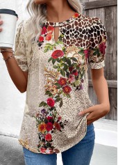 Beige tops,Floral tops,Plants tops,Leopard tops,ROTITA Cut Out Floral Print Beige Round Neck T Shirt