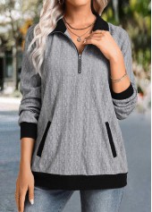 Grey tops,Contrast Color tops,ROTITA Zipper Grey Shirt Collar Long Sleeve Sweatshirt