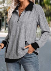 Grey tops,Contrast Color tops,ROTITA Zipper Grey Shirt Collar Long Sleeve Sweatshirt