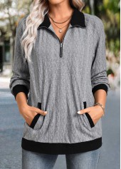 Grey tops,Contrast Color tops,ROTITA Zipper Grey Shirt Collar Long Sleeve Sweatshirt