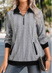 Grey tops,Contrast Color tops,ROTITA Zipper Grey Shirt Collar Long Sleeve Sweatshirt