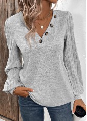 ROTITA Plus Size Patchwork Light Grey V Neck T Shirt