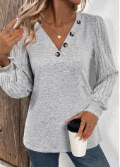 Light Grey plus size,Plain Color plus size,ROTITA Plus Size Patchwork Light Grey V Neck T Shirt