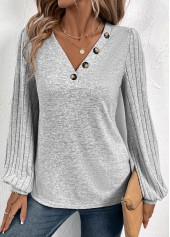 Light Grey plus size,Plain Color plus size,ROTITA Plus Size Patchwork Light Grey V Neck T Shirt
