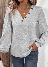 Light Grey plus size,Plain Color plus size,ROTITA Plus Size Patchwork Light Grey V Neck T Shirt